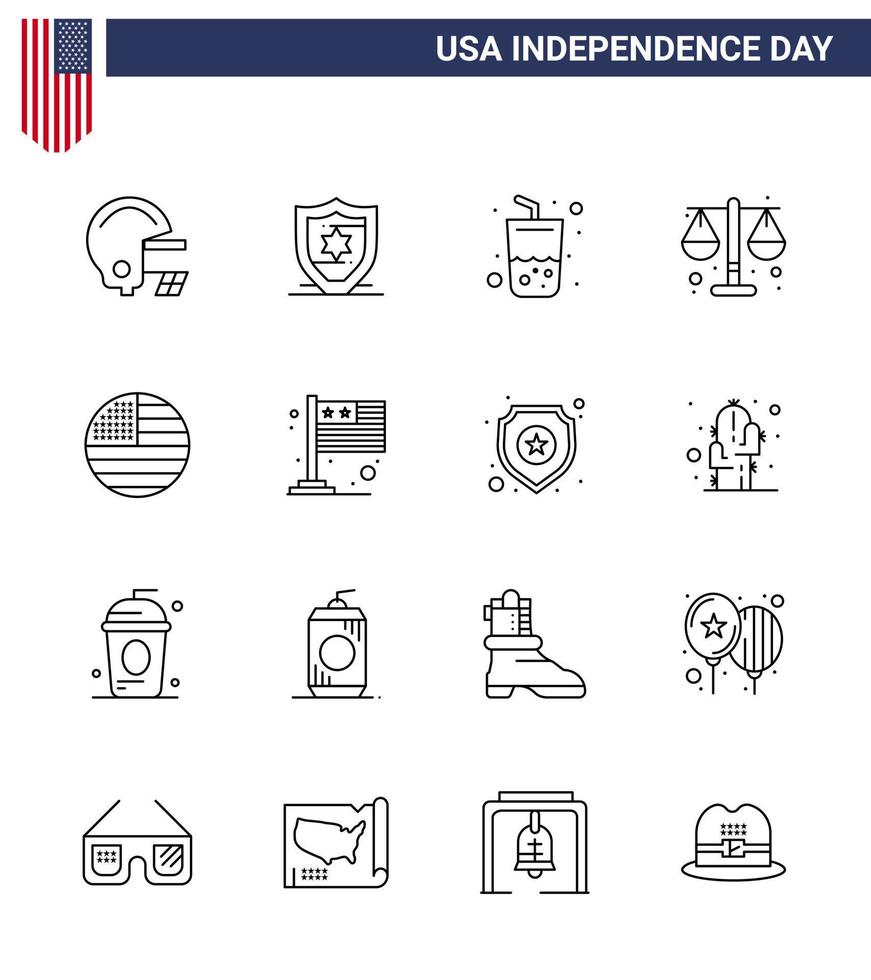 joyeux jour de l'indépendance 4 juillet ensemble de 16 lignes pictogramme américain du drapeau américain été loi américaine modifiable éléments de conception vectorielle usa day vecteur