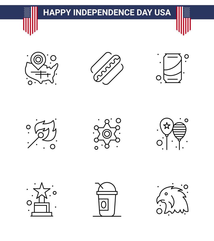 9 usa line pack de signes et symboles de la fête de l'indépendance des hommes correspondent aux états fire cola modifiables usa day vector design elements