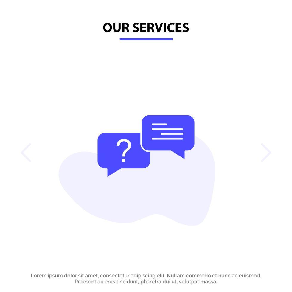 nos services bulle de chat message contextuel icône de glyphe solide modèle de carte web vecteur