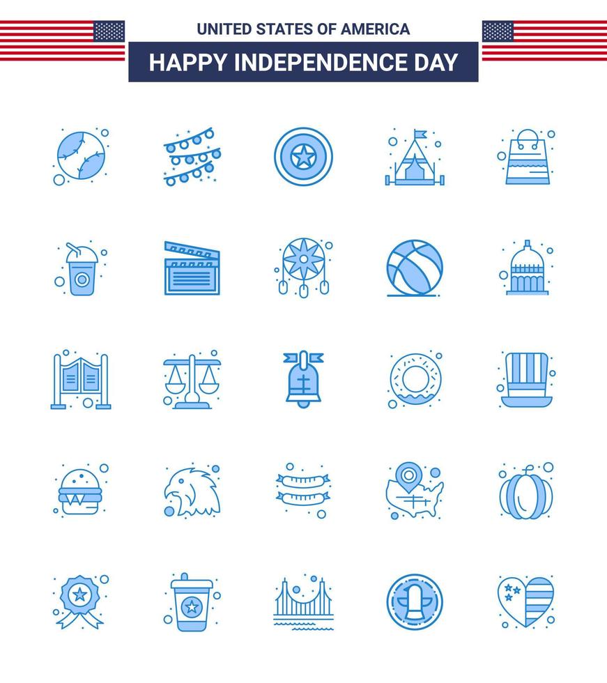 usa joyeux jour de l'indépendancepictogramme ensemble de 25 bleus simples de l'argent de la boutique sac d'indépendance camping modifiable usa day vector design elements