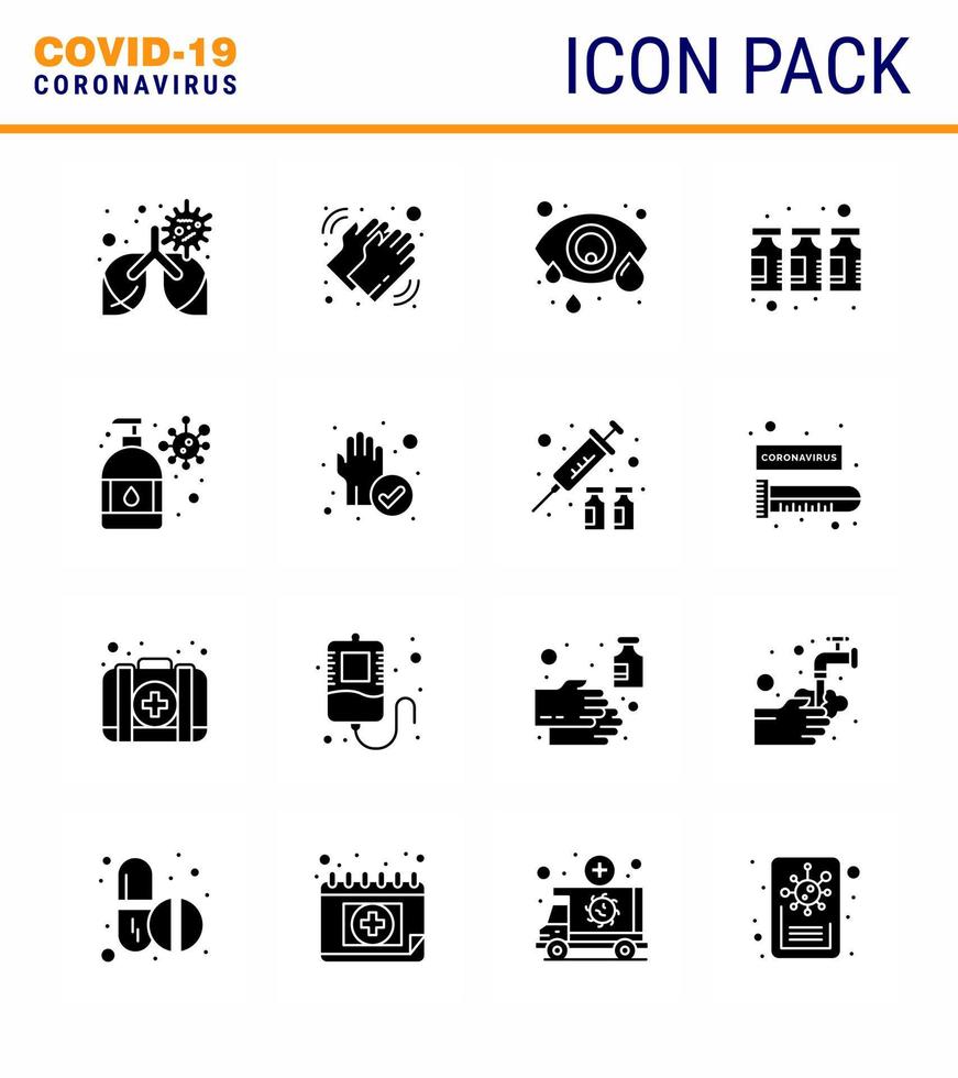 icônes de sensibilisation au coronavirus 16 glyphe solide icône noire virus corona grippe liée comme le lavage des mains médecine soins médicaments œil humain coronavirus viral 2019nov éléments de conception de vecteur de maladie