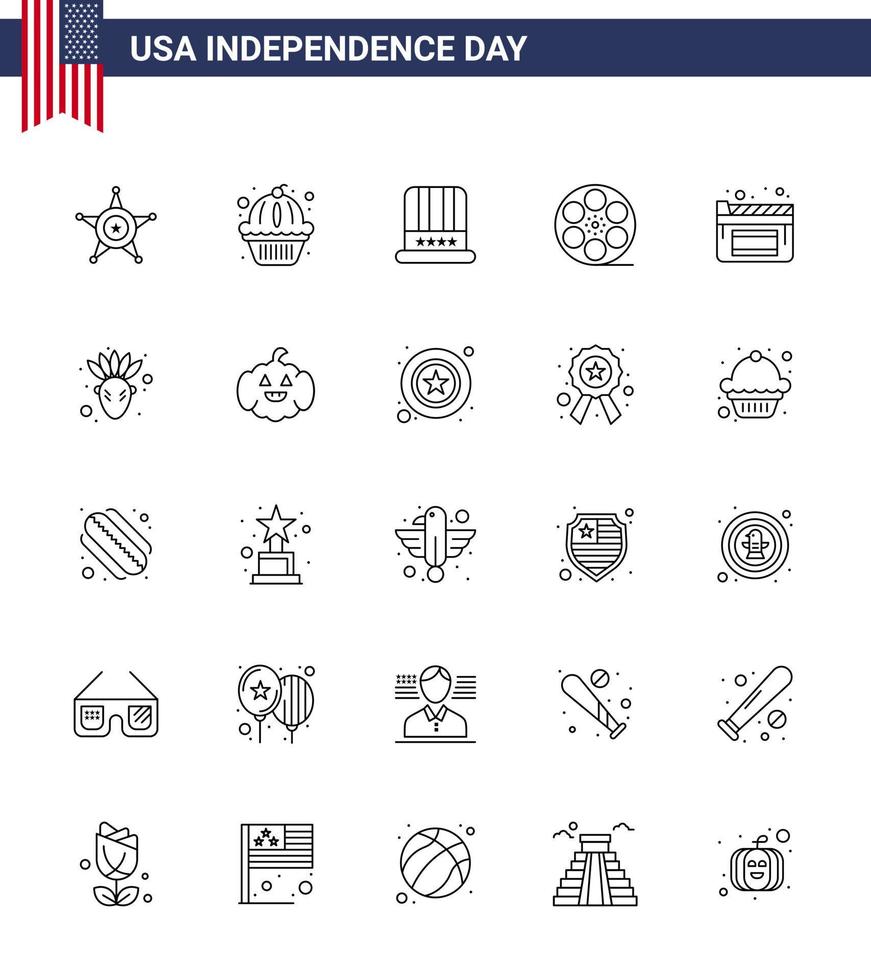 ensemble moderne de 25 lignes et symboles le jour de l'indépendance des états-unis tels que des films chapeau américain vidéo movis éléments de conception vectoriels modifiables de la journée des états-unis vecteur