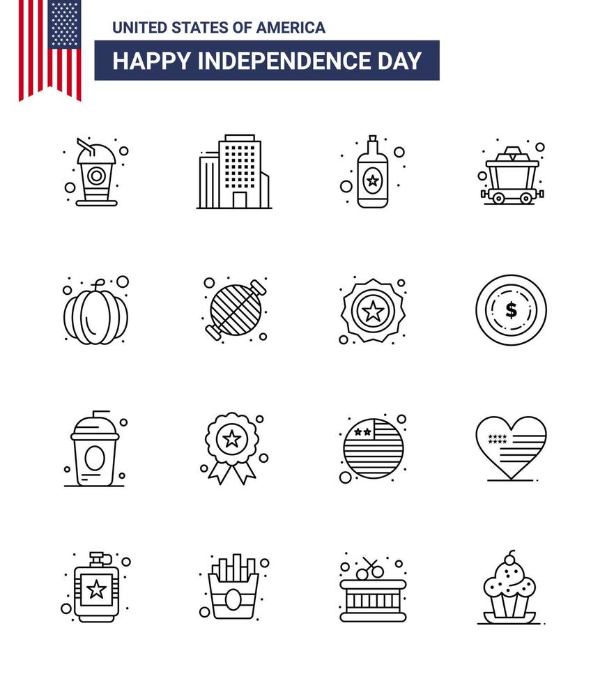 joyeux jour de l'indépendance 16 lignes pack d'icônes pour le web et l'impression barbecue usa festival bouteille citrouille rail modifiable usa day vector design elements