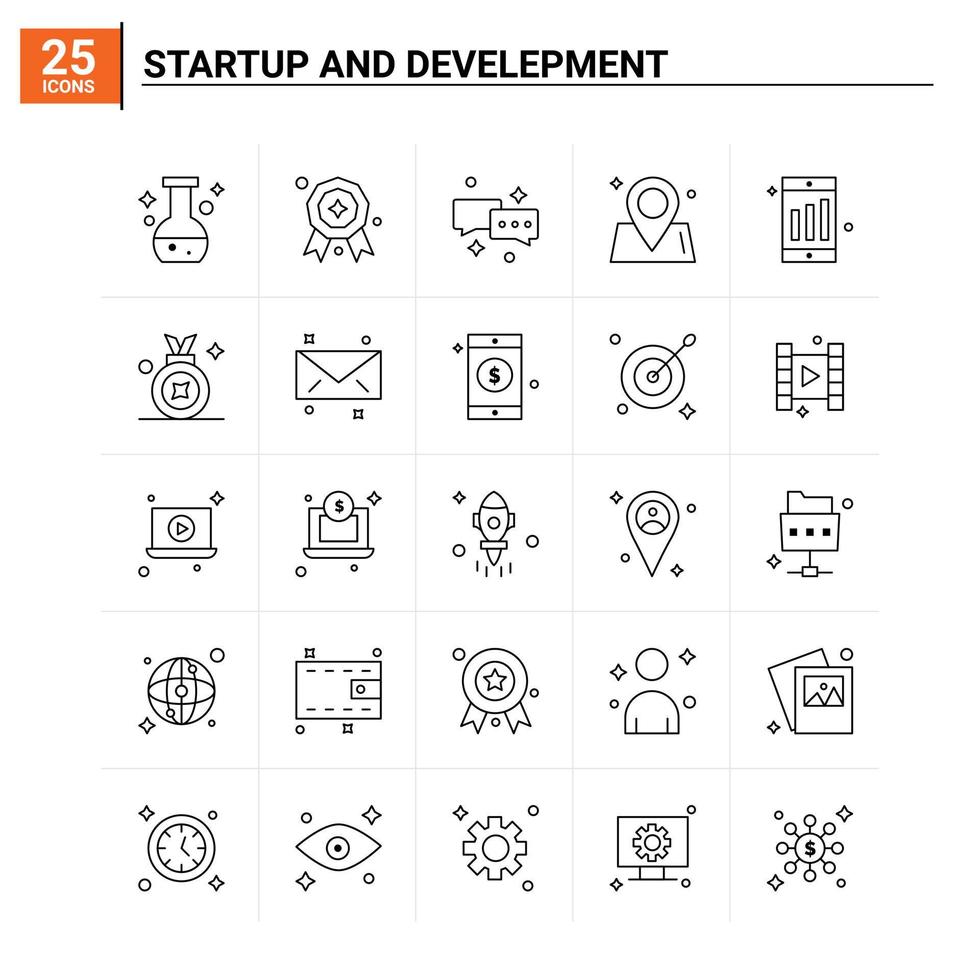 25 icônes de démarrage et de développement définissent un arrière-plan vectoriel