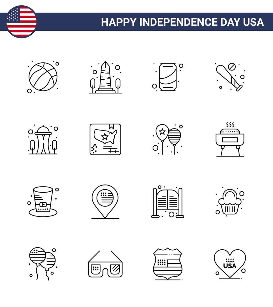 joyeux jour de l'indépendance 16 lignes pack d'icônes pour le web et l'impression usa bat washington baseball cola modifiable usa day vector design elements