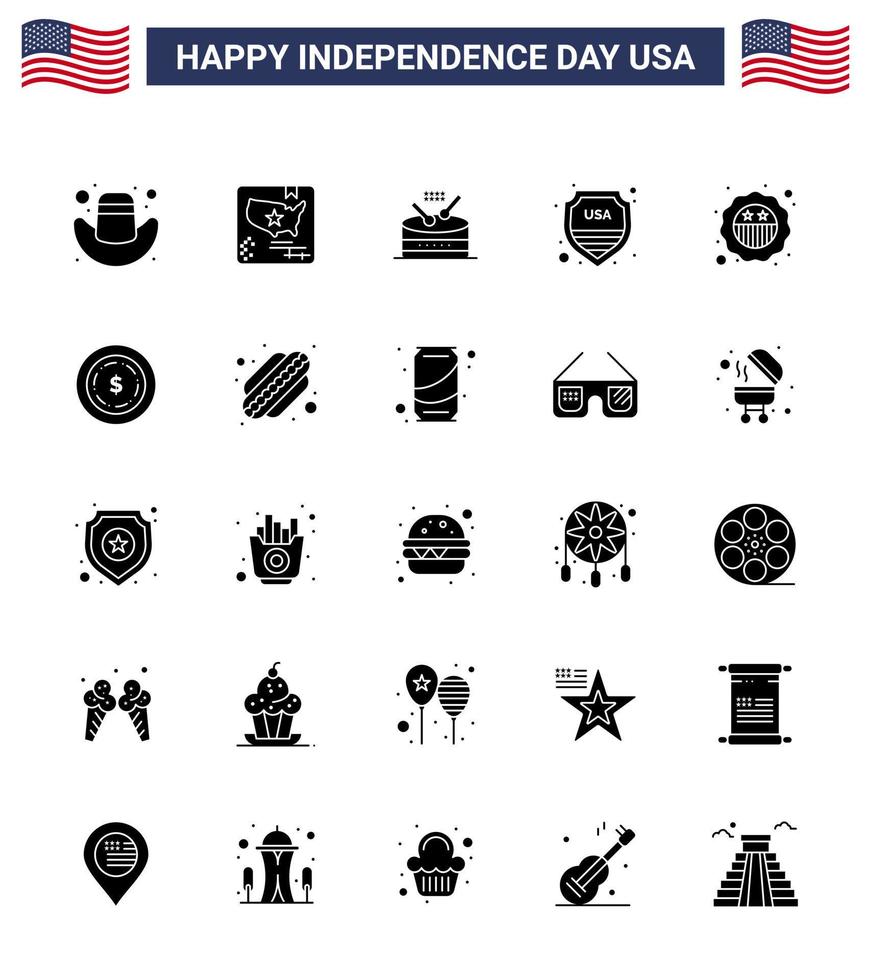 25 usa solide glyphe signes célébration de la fête de l'indépendance symboles de badge instrument américain usa bouclier modifiable usa jour vecteur éléments de conception