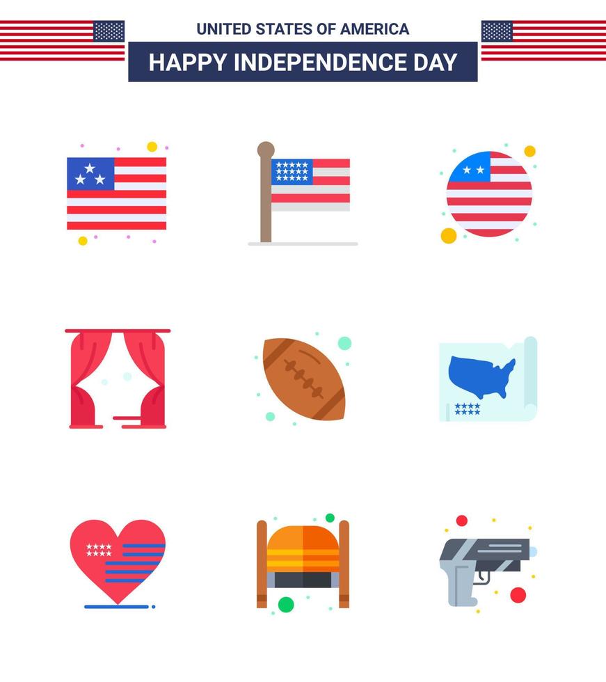 joyeux jour de l'indépendance usa pack de 9 appartements créatifs de ballon américain drapeau de rugby balle théâtre modifiable usa day vector design elements