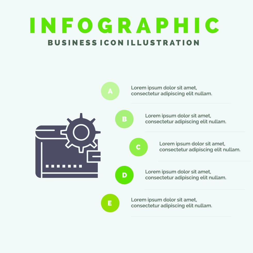 portefeuille en espèces finance argent sac à main personnel fabrication icône solide infographie 5 étapes présentation arrière-plan vecteur