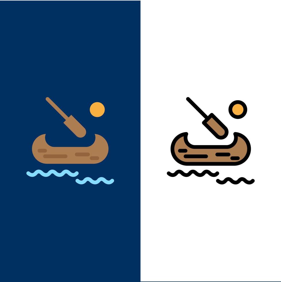 bateau kayak canada icônes plat et ligne remplie icône ensemble vecteur fond bleu