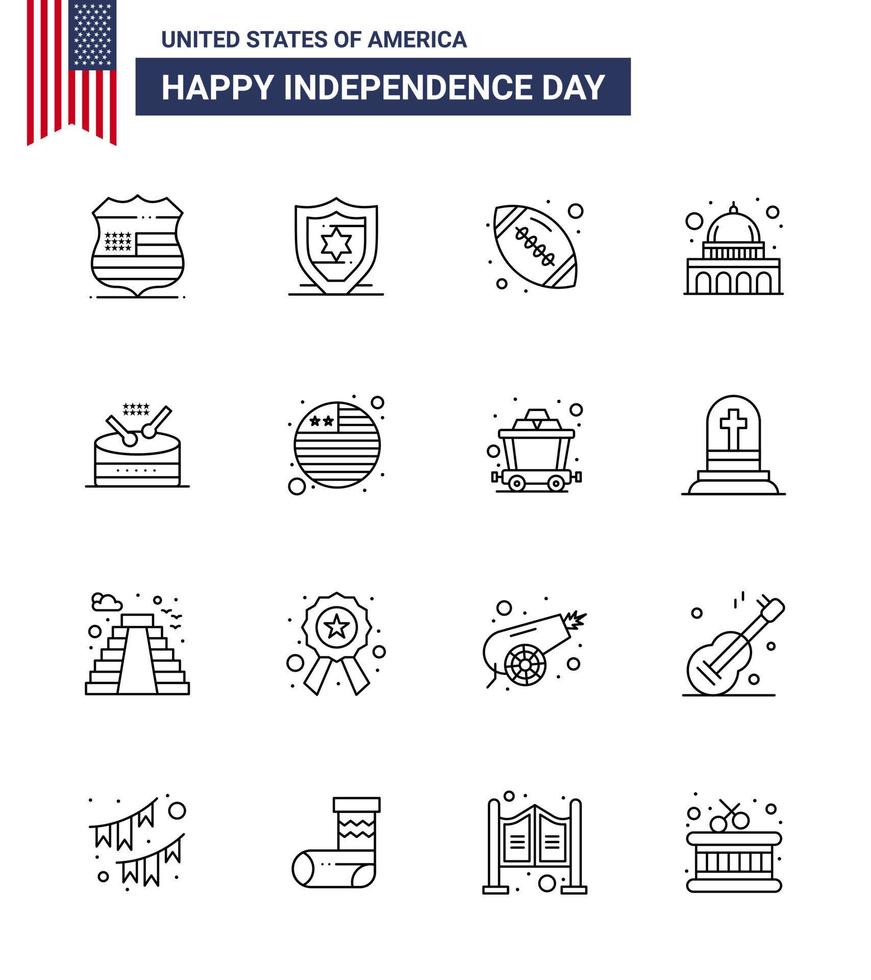 joyeux jour de l'indépendance 16 lignes pack d'icônes pour le web et l'impression musique tambour rugby wisconsin madison modifiable usa day vector design elements