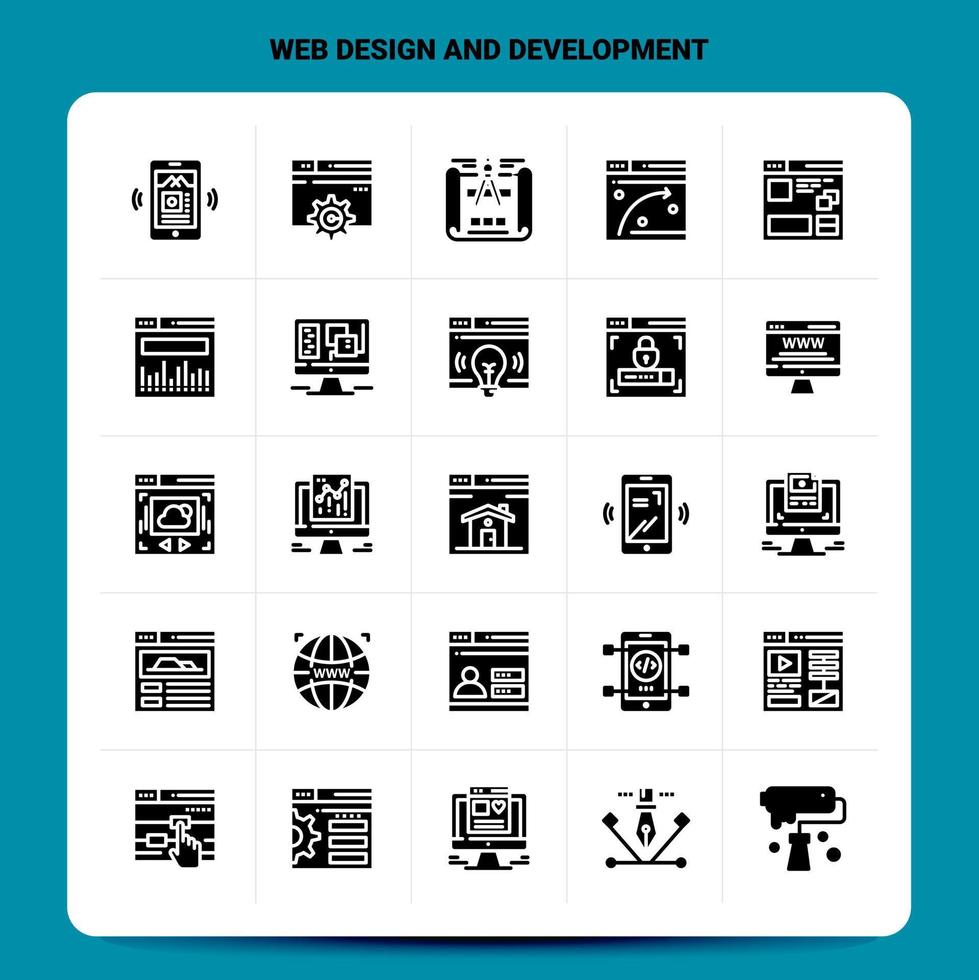 ensemble d'icônes de conception et de développement web solide 25 ensemble d'icônes noires de conception de style de glyphe vectoriel ensemble d'idées d'affaires web et mobiles illustration vectorielle de conception