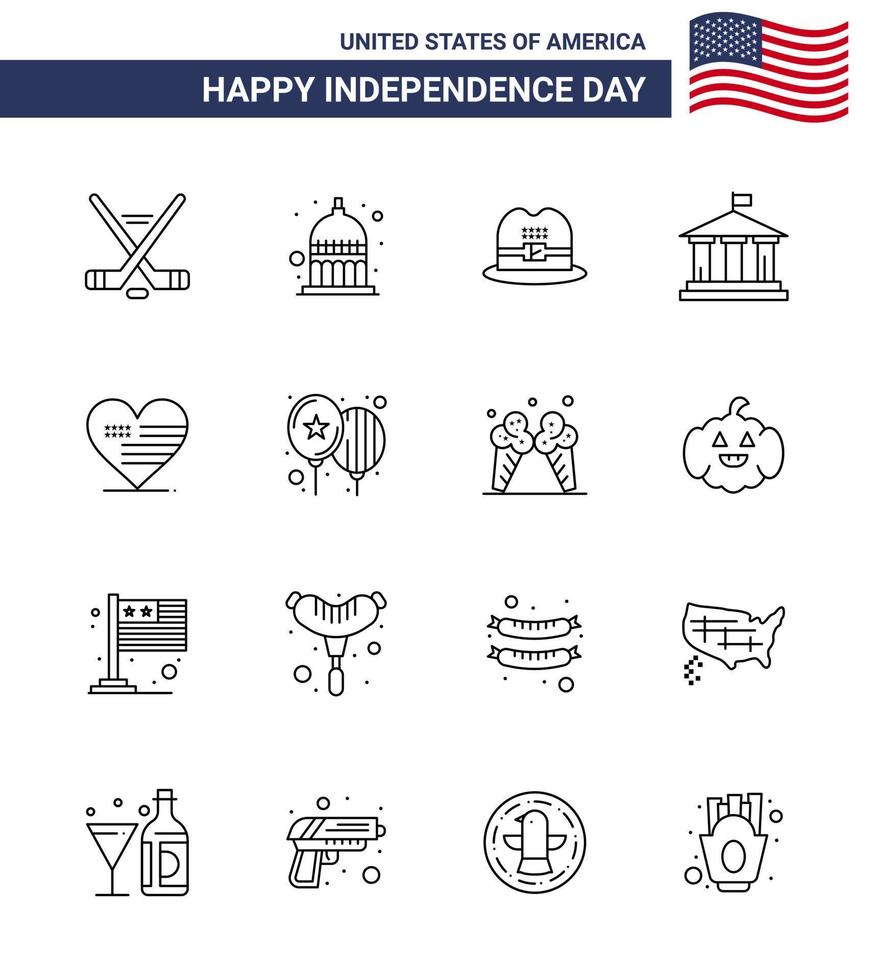 joyeux jour de l'indépendance pack d'icônes 16 lignes pour le web et l'impression chapeau de coeur américain drapeau usa éléments de conception vectoriels modifiables usa day vecteur