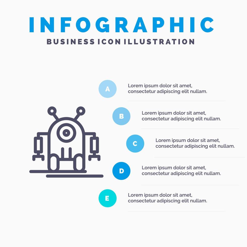 icône de ligne de technologie de robot robotique humain avec fond d'infographie de présentation en 5 étapes vecteur