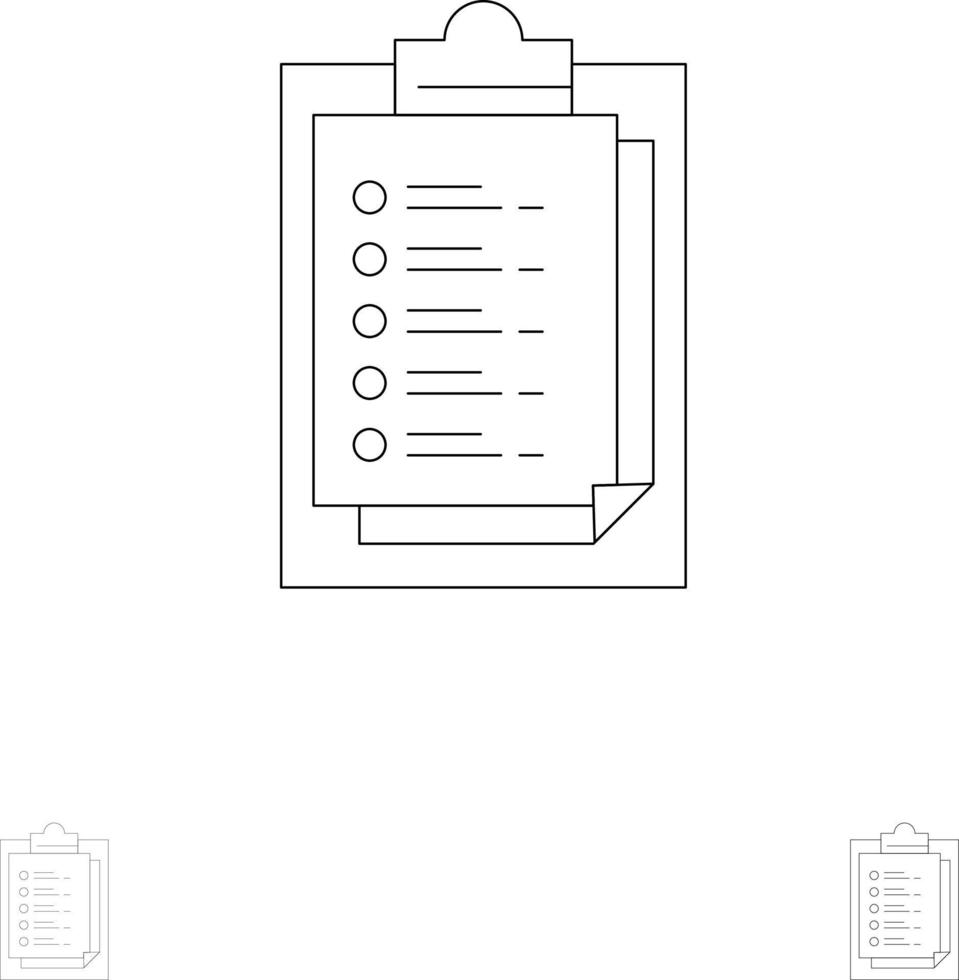 bloc-notes rapport carte résultat présentation gras et mince ligne noire jeu d'icônes vecteur