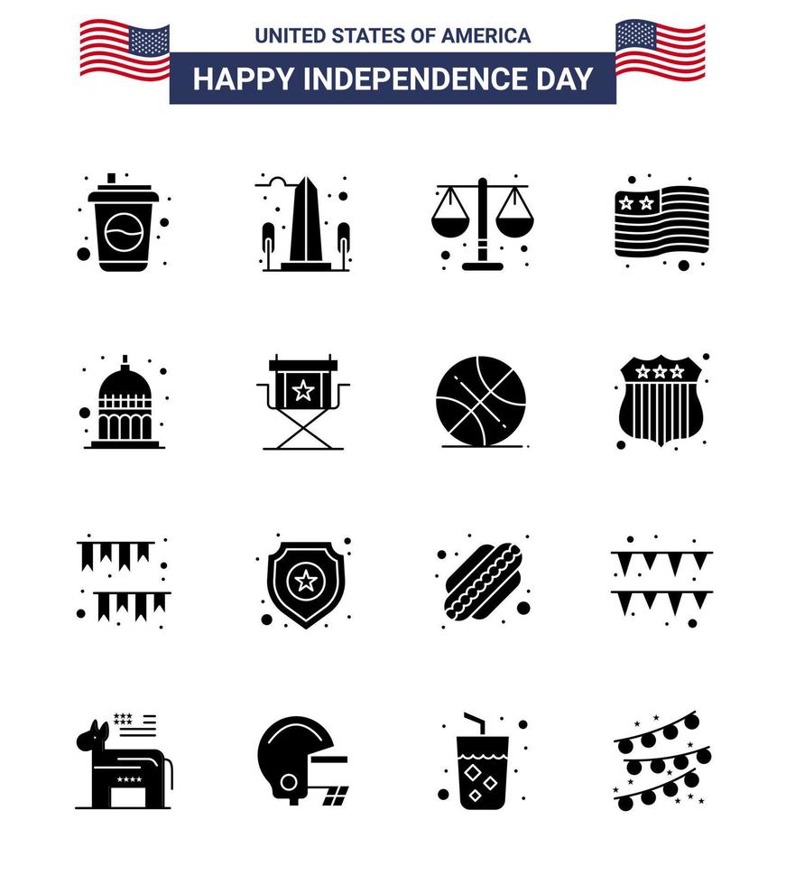 joyeux jour de l'indépendance 16 pack d'icônes de glyphes solides pour le web et l'impression indianapolis usa drapeau de washington échelle modifiable usa day vector design elements