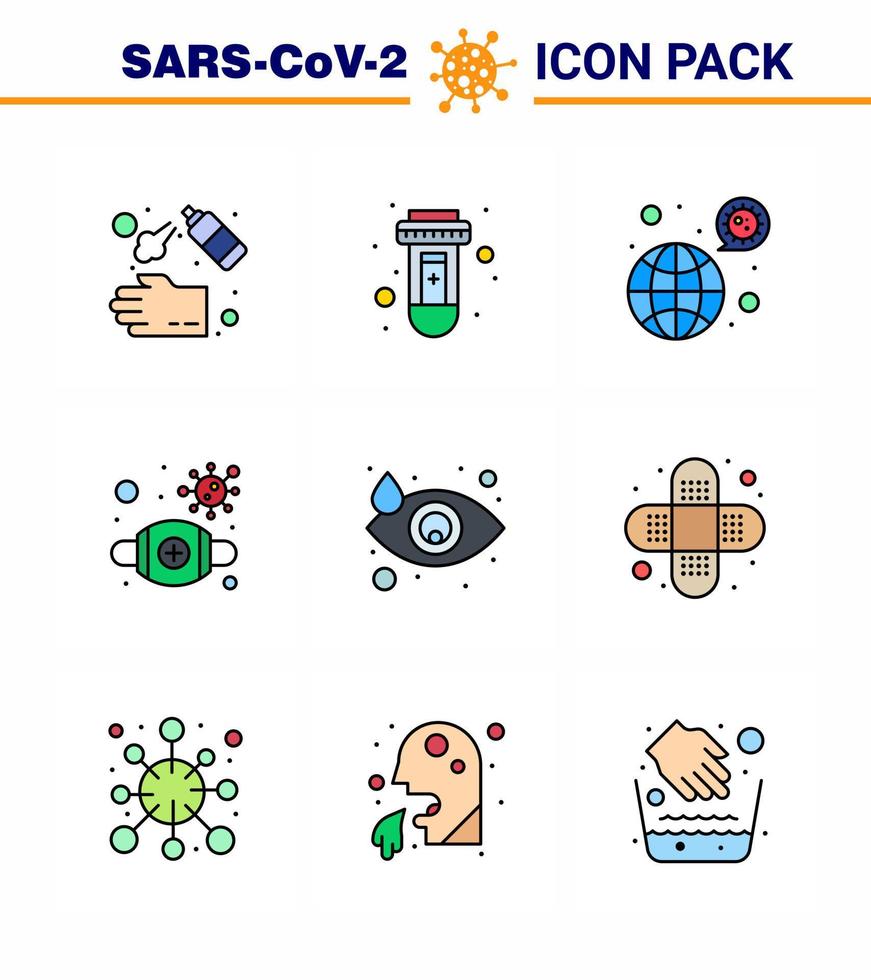 icône de sensibilisation au coronavirus 9 icônes de couleur plate ligne remplie icône incluse masque de sécurité virus grippe covid coronavirus viral 2019nov éléments de conception de vecteur de maladie