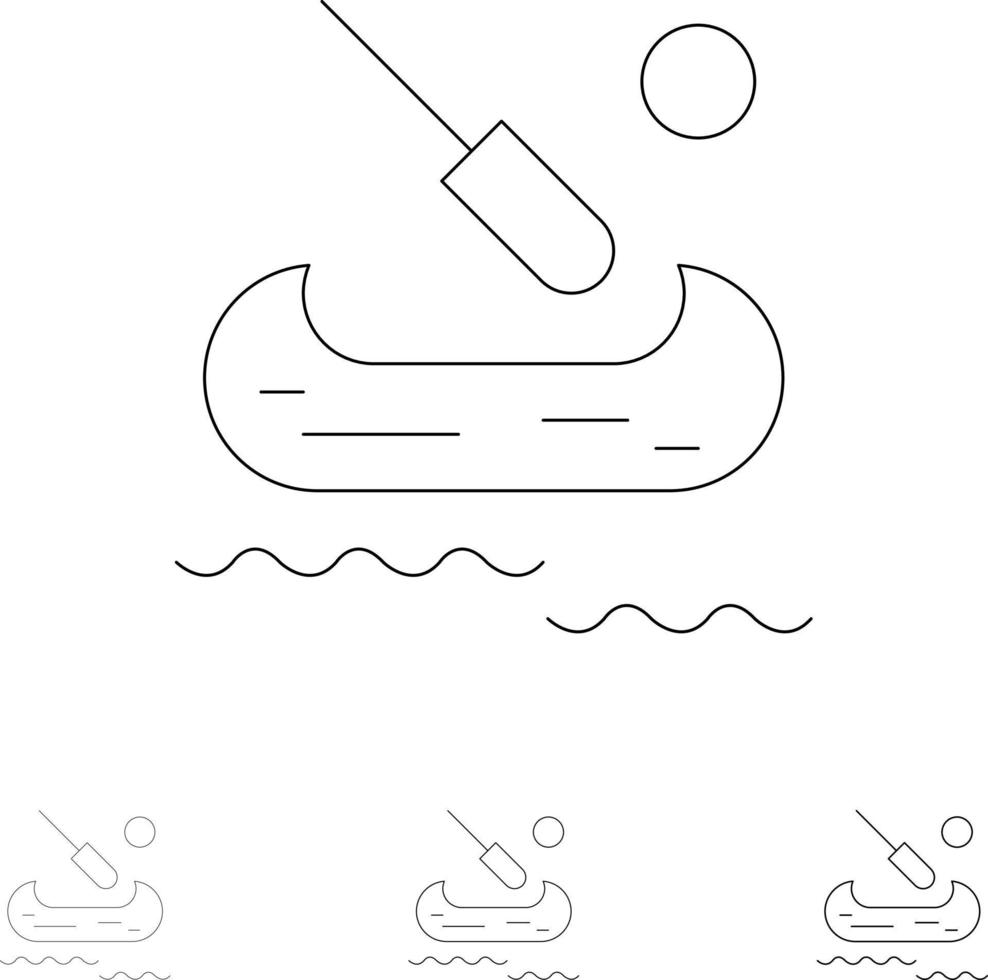 bateau kayak canada jeu d'icônes de ligne noire audacieuse et mince vecteur