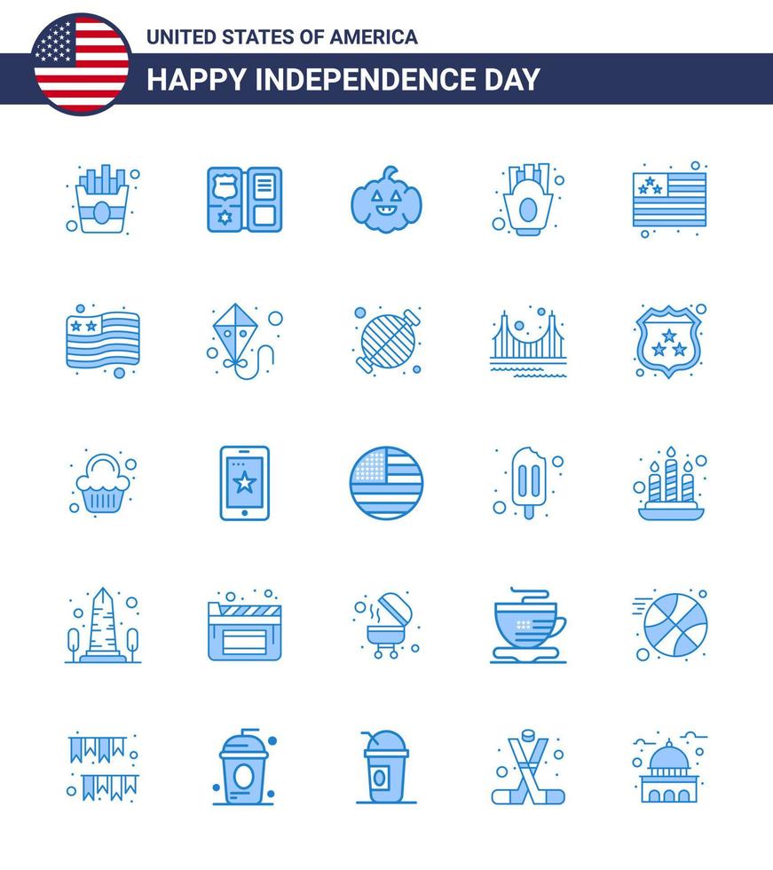 joyeux jour de l'indépendance 4 juillet ensemble de 25 pictogrammes américains de blues de drapeau de cerf-volant frites de pays américain éléments de conception vectoriels modifiables usa day vecteur