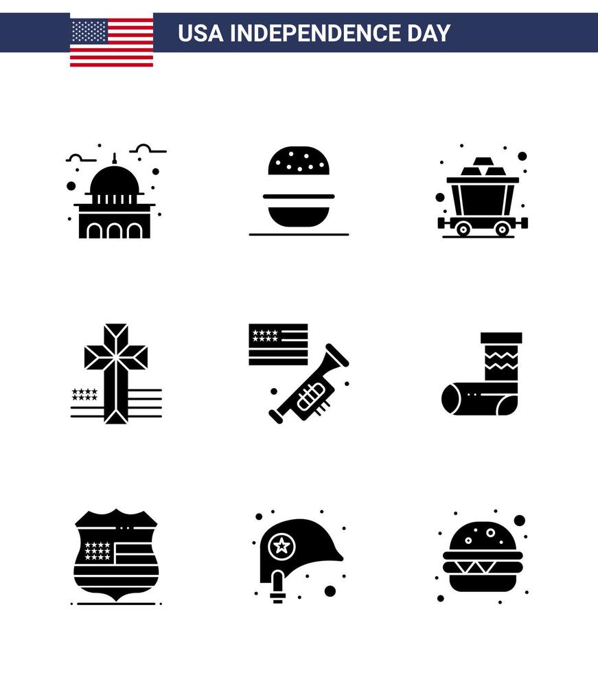 joyeux jour de l'indépendance 9 pack d'icônes de glyphes solides pour le web et l'impression laud flag usa église américain modifiable usa day vector design elements