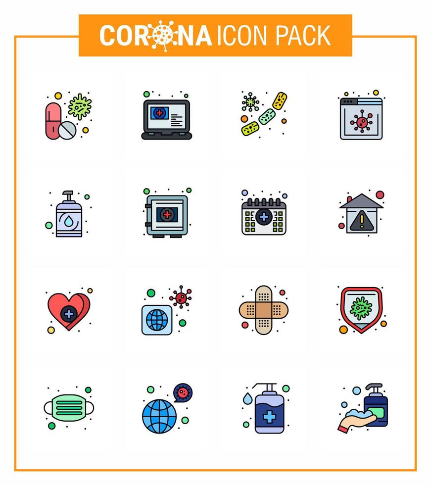 covid19 protection coronavirus pendamic 16 ensemble d'icônes de ligne remplie de couleurs plates telles que la question du navigateur de site Web microbe sanguin coronavirus viral 2019nov éléments de conception de vecteur de maladie