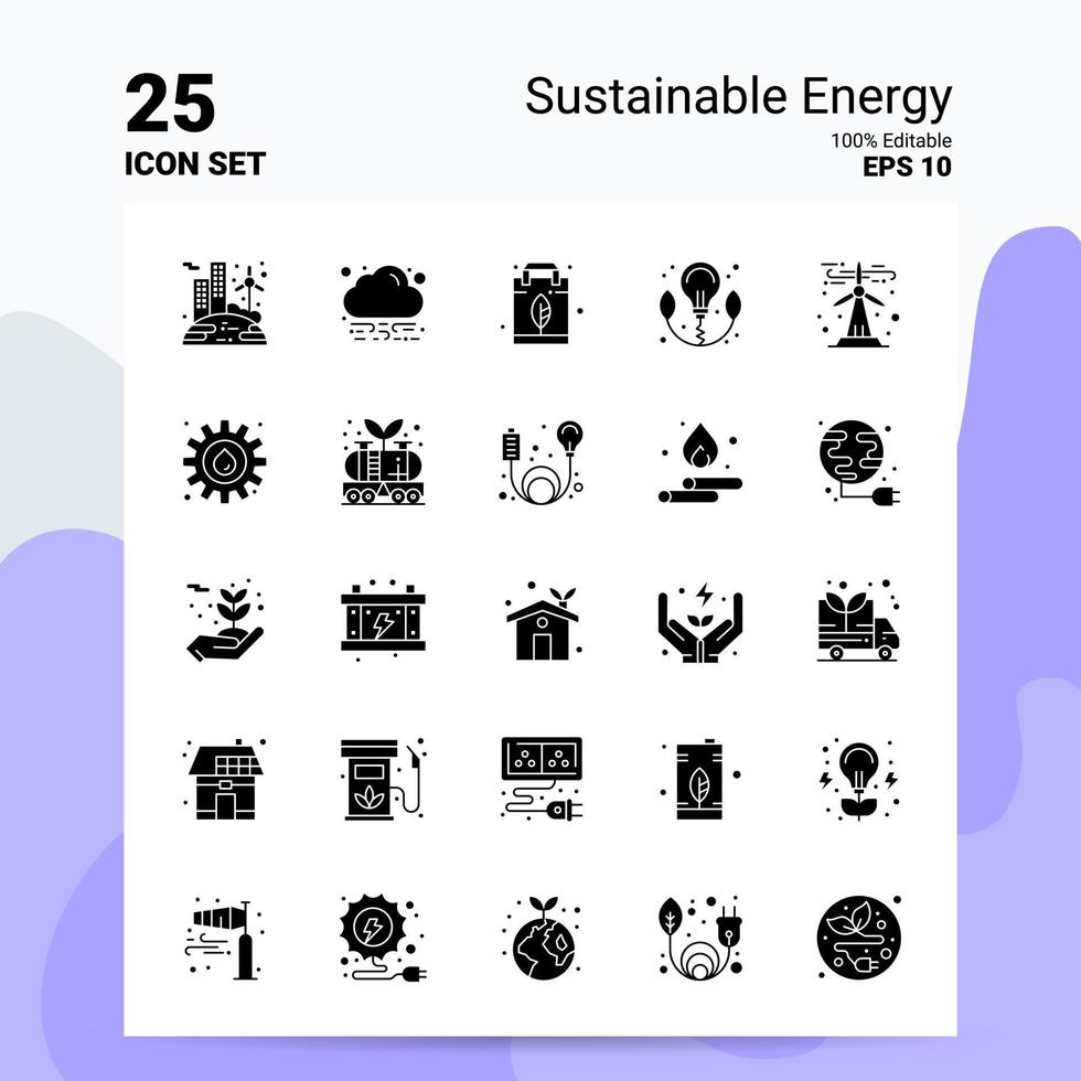 25 jeu d'icônes d'énergie durable 100 eps modifiables 10 fichiers idées de concept de logo d'entreprise conception d'icône de glyphe solide vecteur