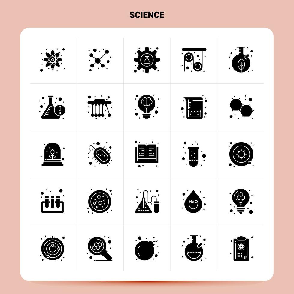 ensemble d'icônes scientifiques solides 25 conception de style de glyphe vectoriel icônes noires définies idées d'affaires web et mobiles conception illustration vectorielle