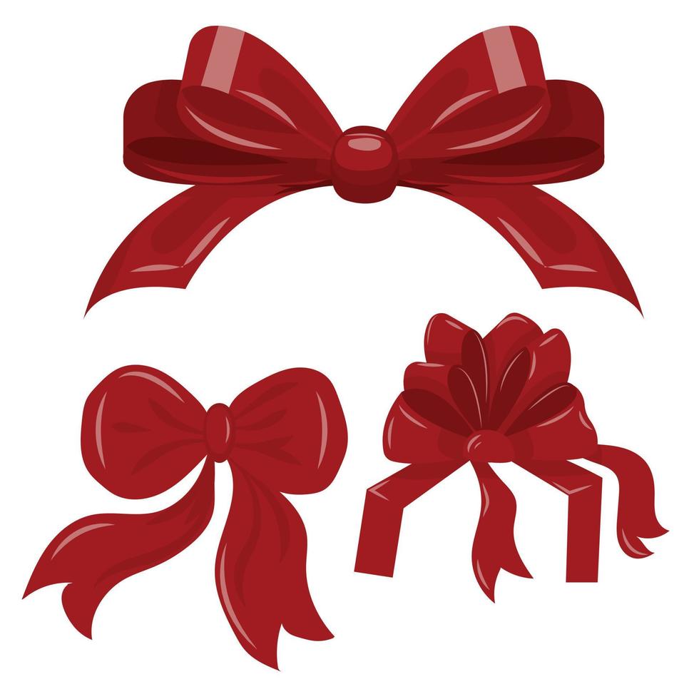 ensemble d'arcs de ruban rouge. élément d'emballage cadeau pour les vacances, noël, saint valentin, anniversaire. illustration vectorielle isolée sur fond blanc. vecteur