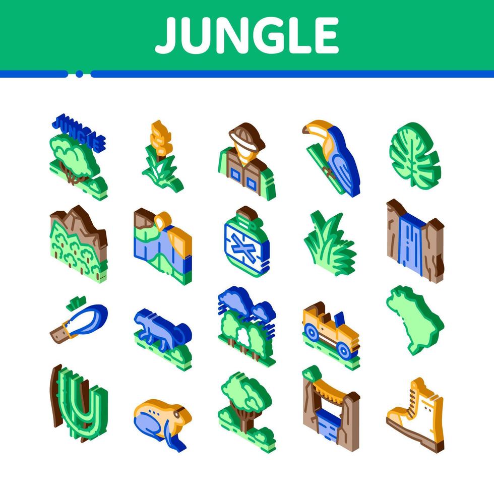 jungle forêt tropicale icônes isométriques set vector