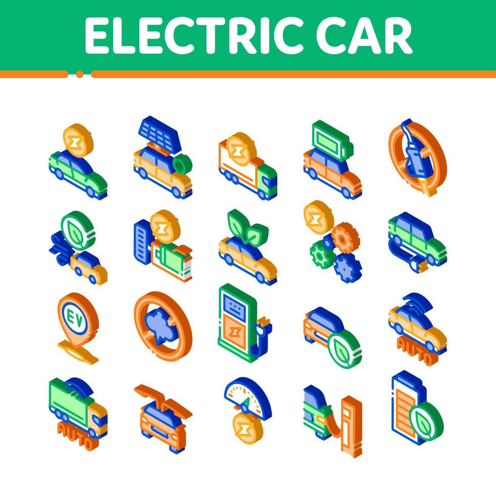 vecteur de jeu d'icônes isométriques de transport de voiture électrique