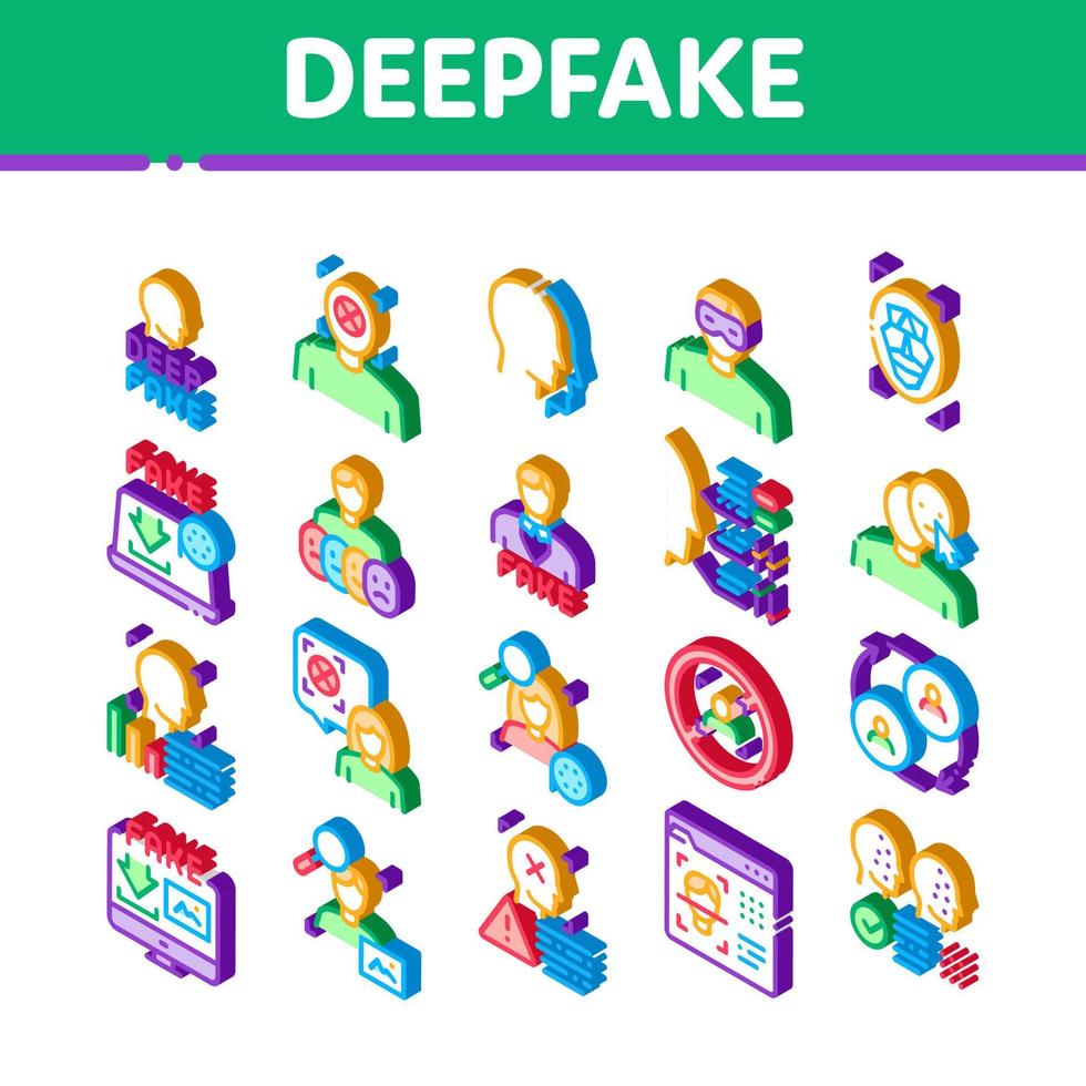 deepfake visage faux icônes isométriques set vector