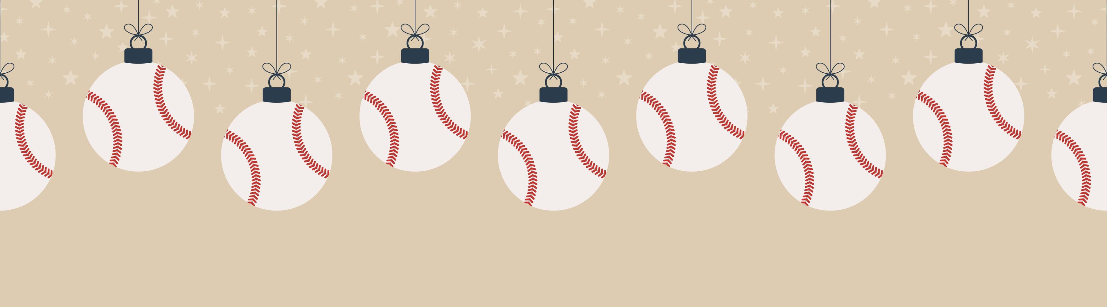 joyeux noël modèle horizontal sans soudure de baseball. accrocher sur une balle de baseball de dessin animé plat fil comme une boule de Noël sur fond horizontal d'or. illustration vectorielle de sport. vecteur