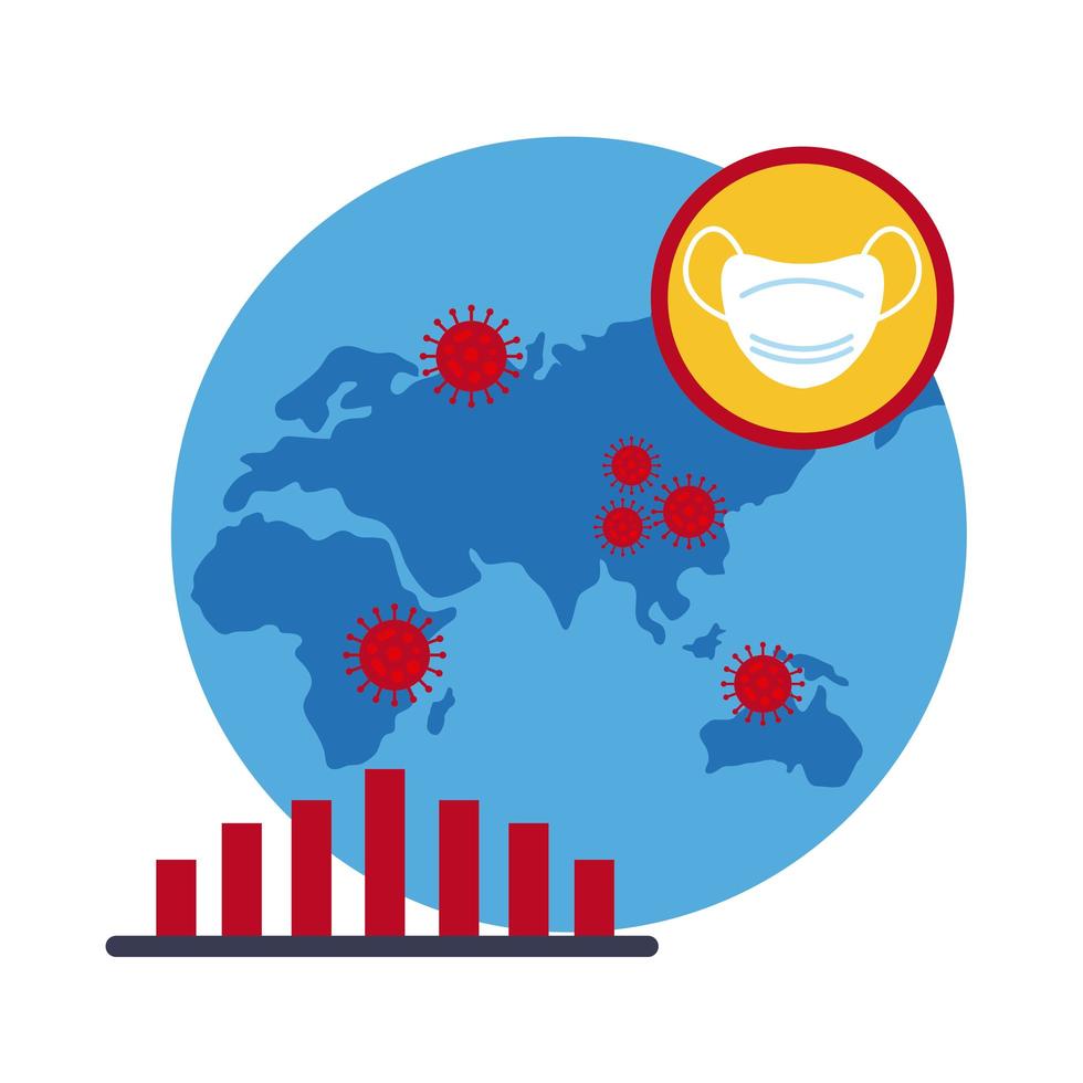 carte du monde avec infographie et icônes covid-19, icône de style plat vecteur