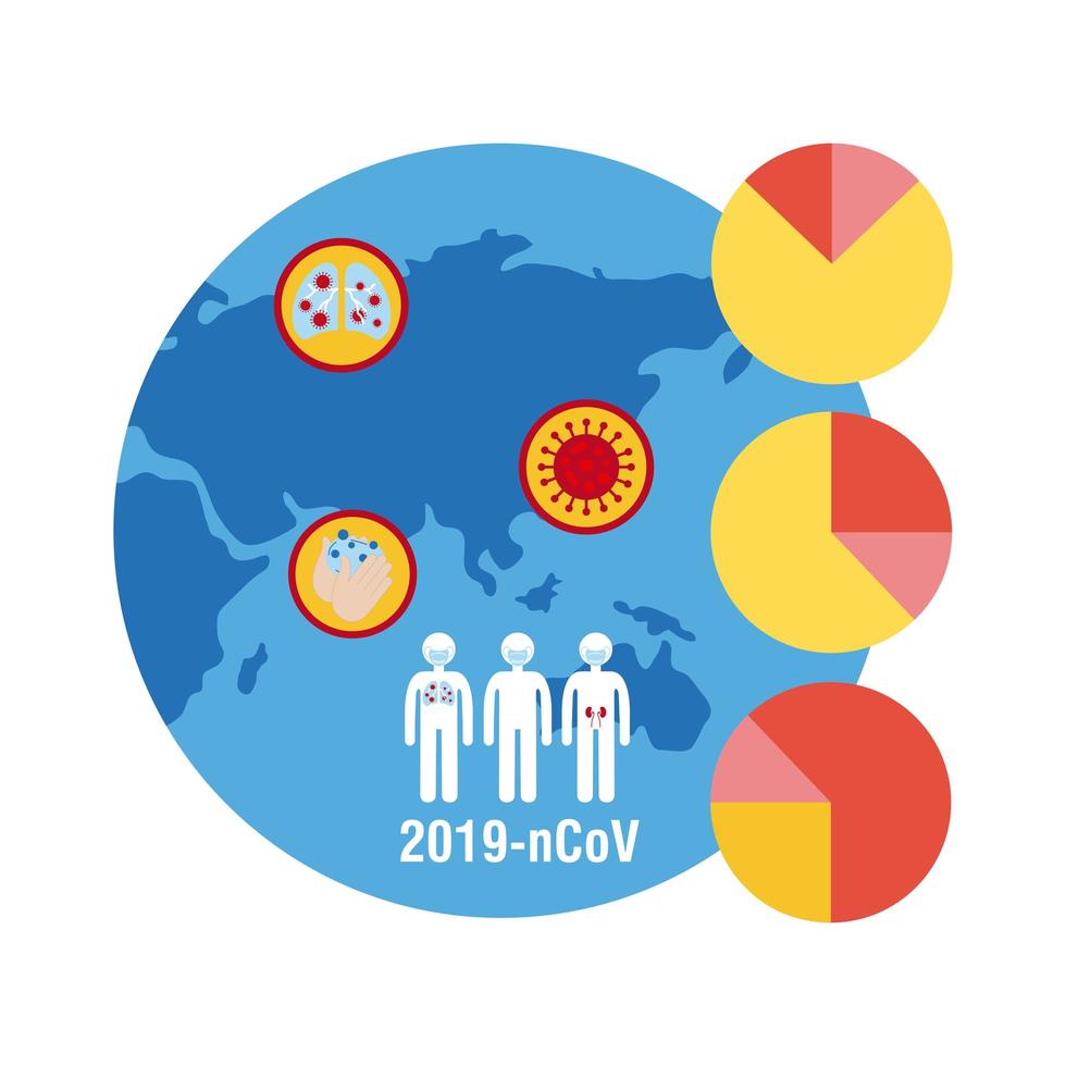 carte du monde avec infographie et icônes covid-19, icône de style plat vecteur