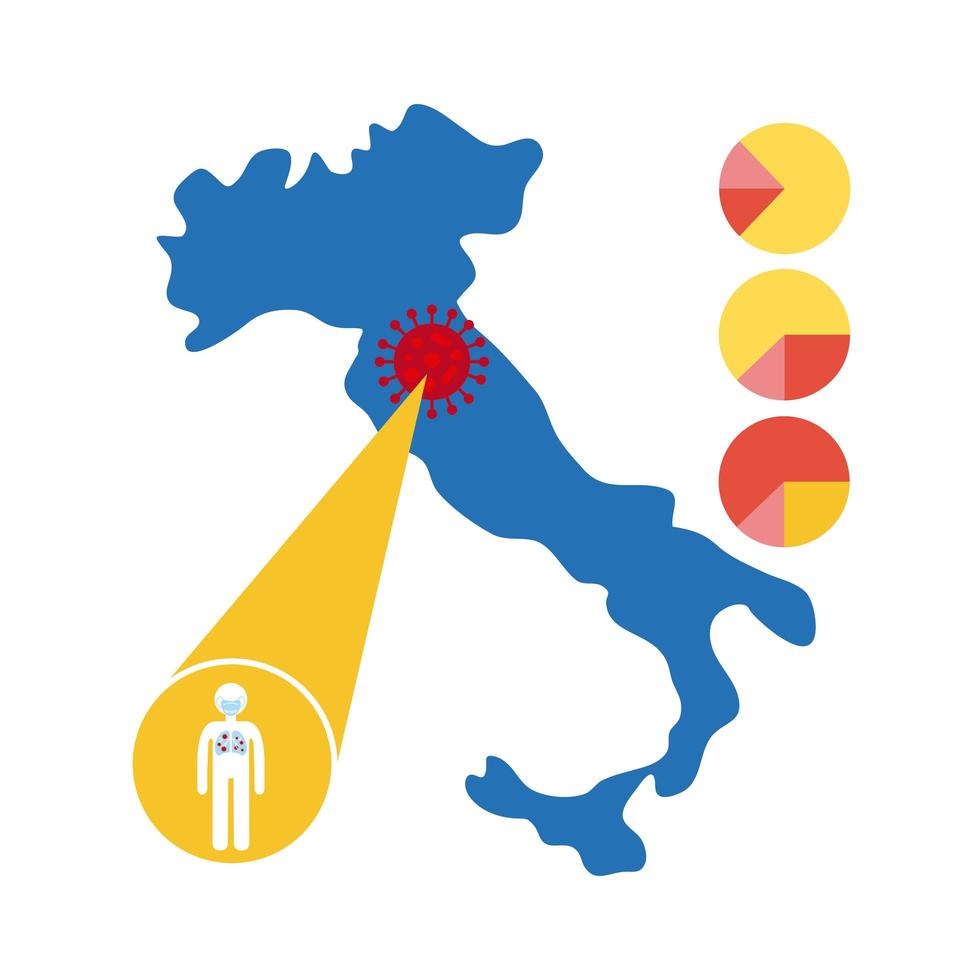 Carte de l'Italie avec informations et icônes covid-19, icône de style plat vecteur