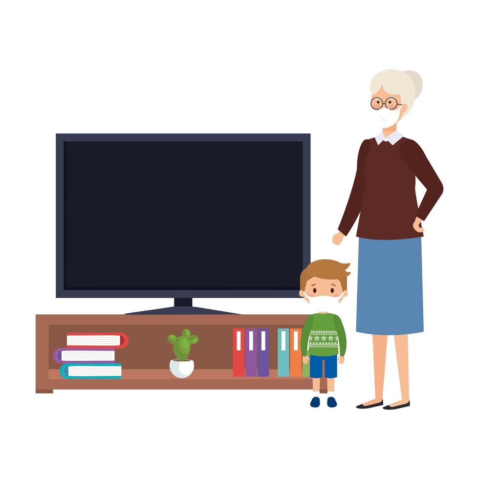 campagne rester à la maison avec grand-mère et petit-fils devant la télé vecteur