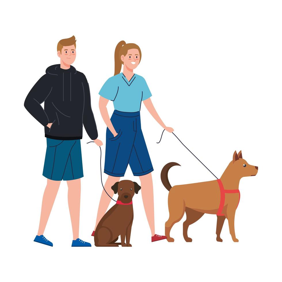 couple promener leurs chiens ensemble vecteur