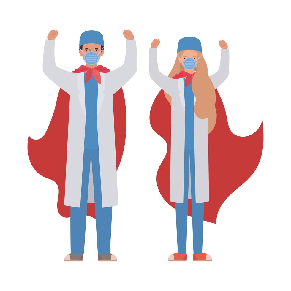 Femme et homme médecins héros avec capes contre la conception de vecteur de virus ncov 2019