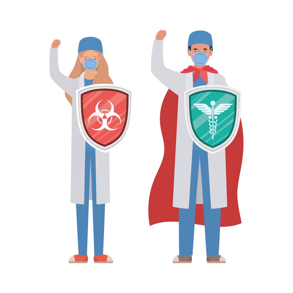 femme et homme médecins héros avec cape et boucliers contre la conception de vecteur de virus ncov 2019