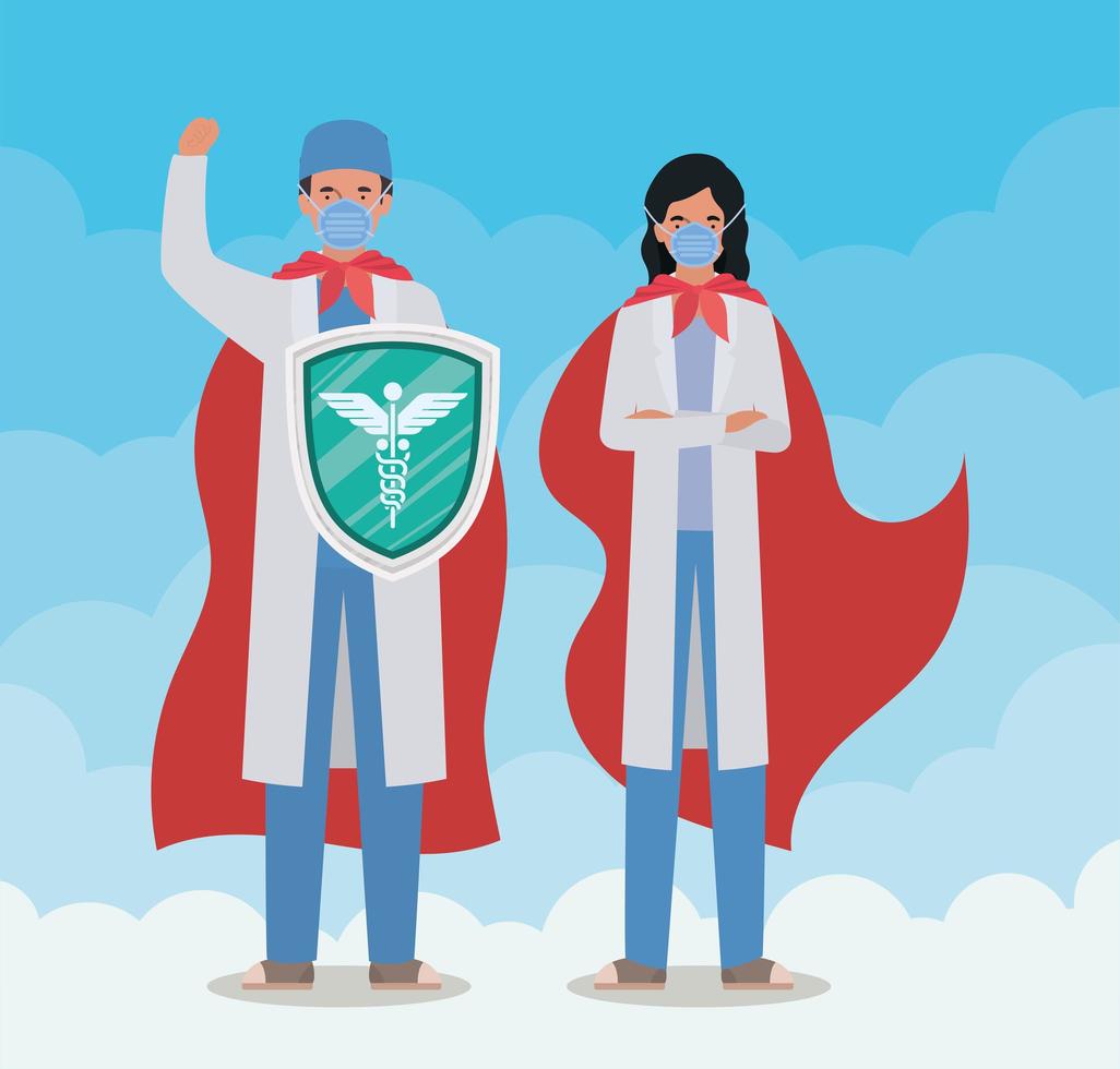 Héros de médecins homme et femme avec capes et bouclier contre la conception de vecteur de virus ncov 2019