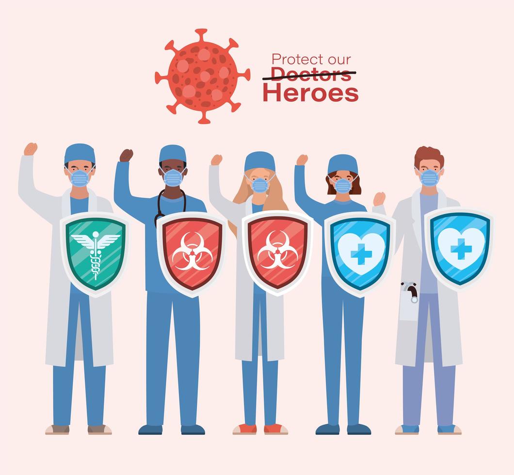 hommes et femmes médecins héros avec des boucliers contre la conception de vecteur de virus ncov 2019