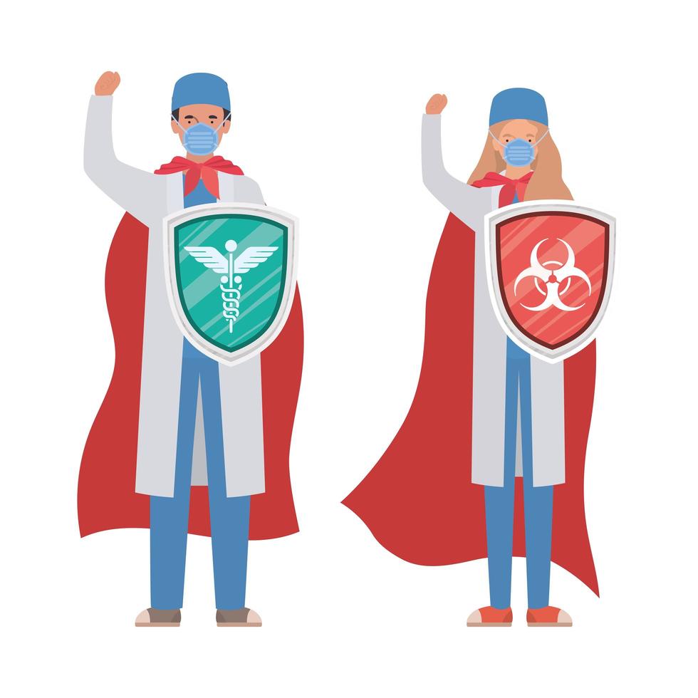 Femme et homme médecins héros avec capes et boucliers contre la conception de vecteur de virus ncov 2019