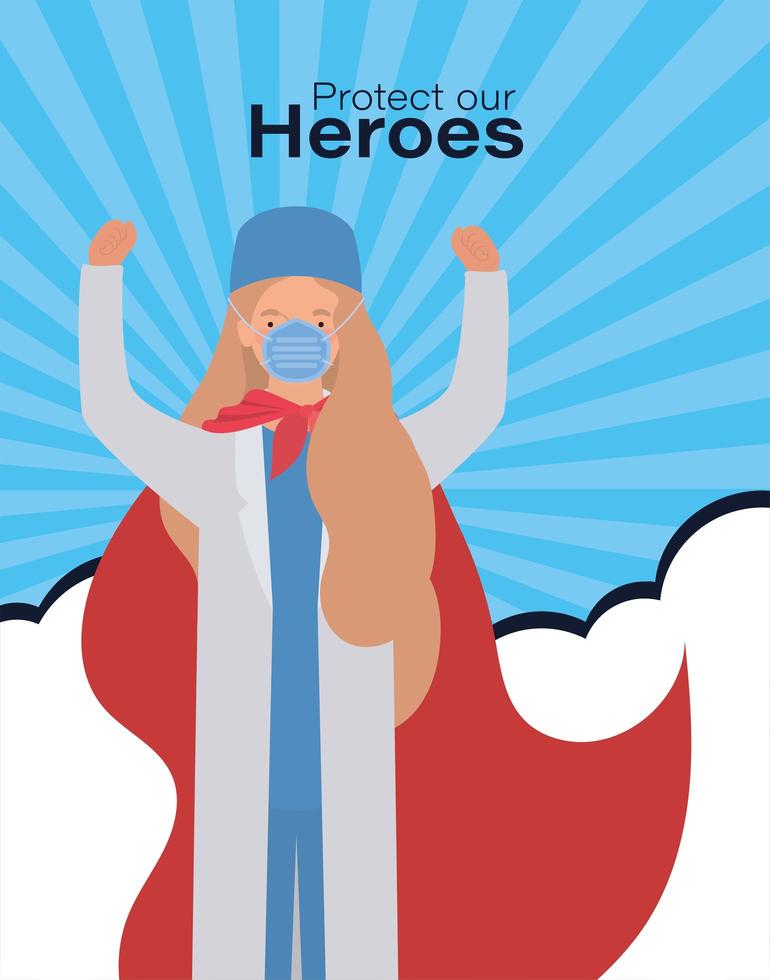 femme médecin héros avec cape contre la conception de vecteur 2019