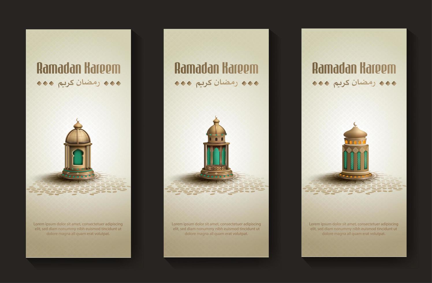 ensemble de voeux islamiques modèle de conception de carte ramadan kareem avec de belles lanternes dorées vecteur