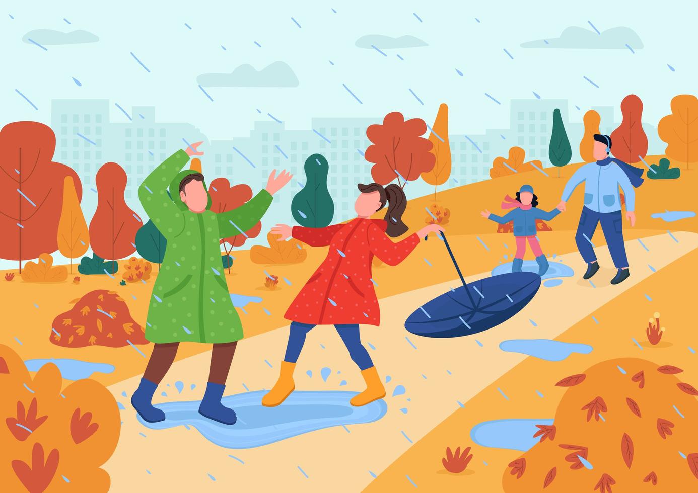 les enfants jouent sous la pluie illustration vectorielle semi plat vecteur