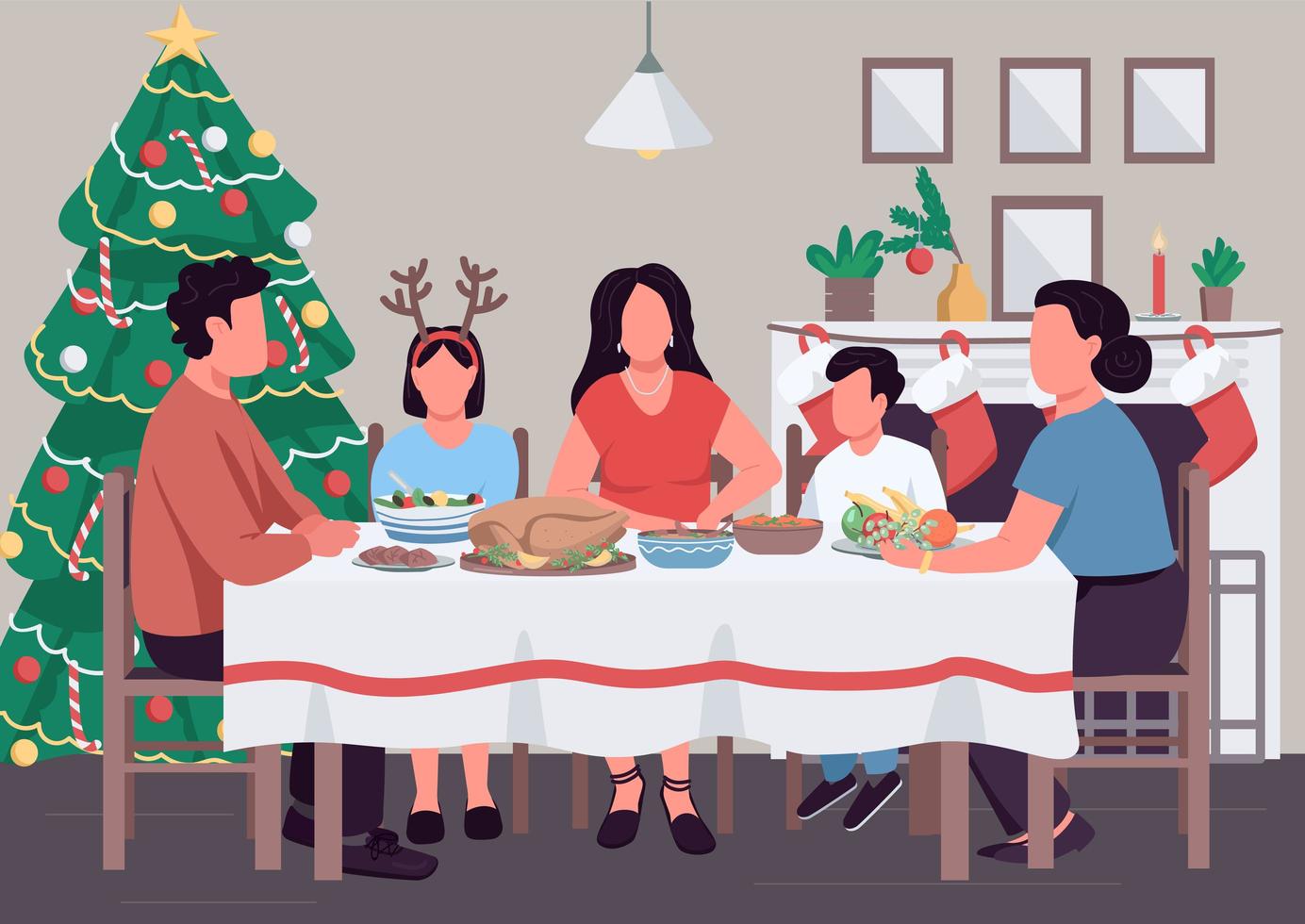illustration vectorielle de Noël famille dîner plat couleur vecteur