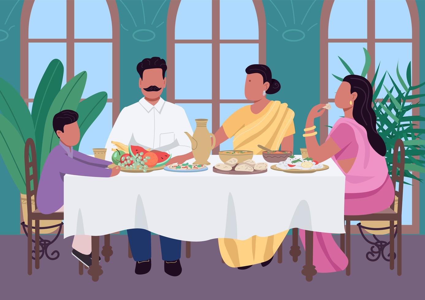 illustration vectorielle de famille indienne repas plat couleur vecteur