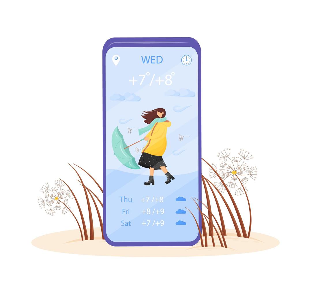 écran de l'application de vecteur smartphone dessin animé prévisions météo
