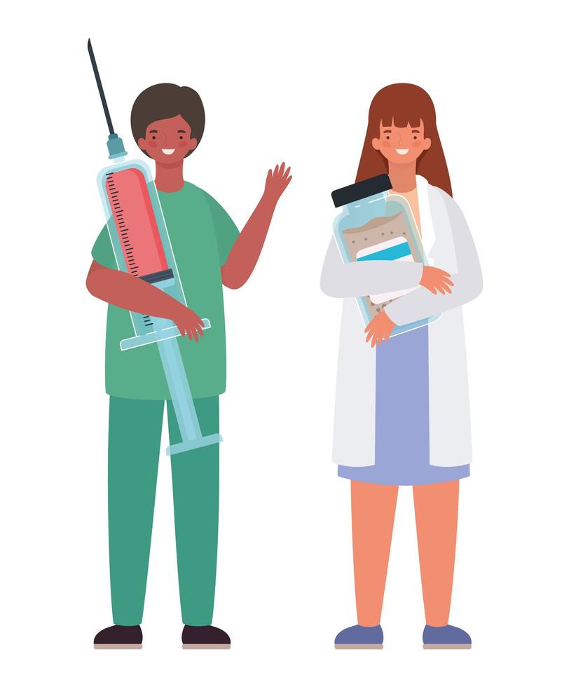 femme et homme médecin avec injection uniforme et conception de vecteur de pot de médecine