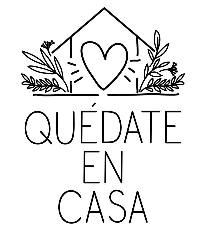 quedate en casa texte avec coeur de maison et feuilles vector design