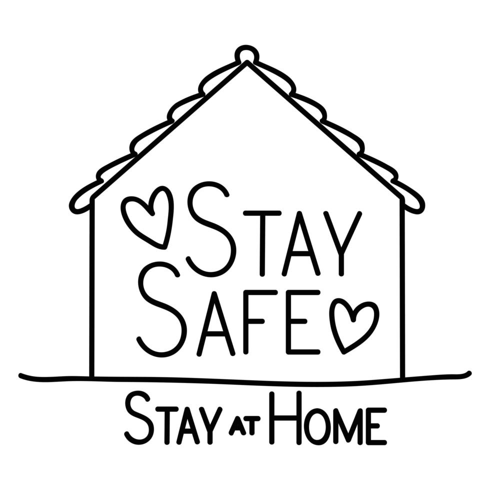 rester en sécurité et à la maison texte avec coeurs et conception de vecteur de maison